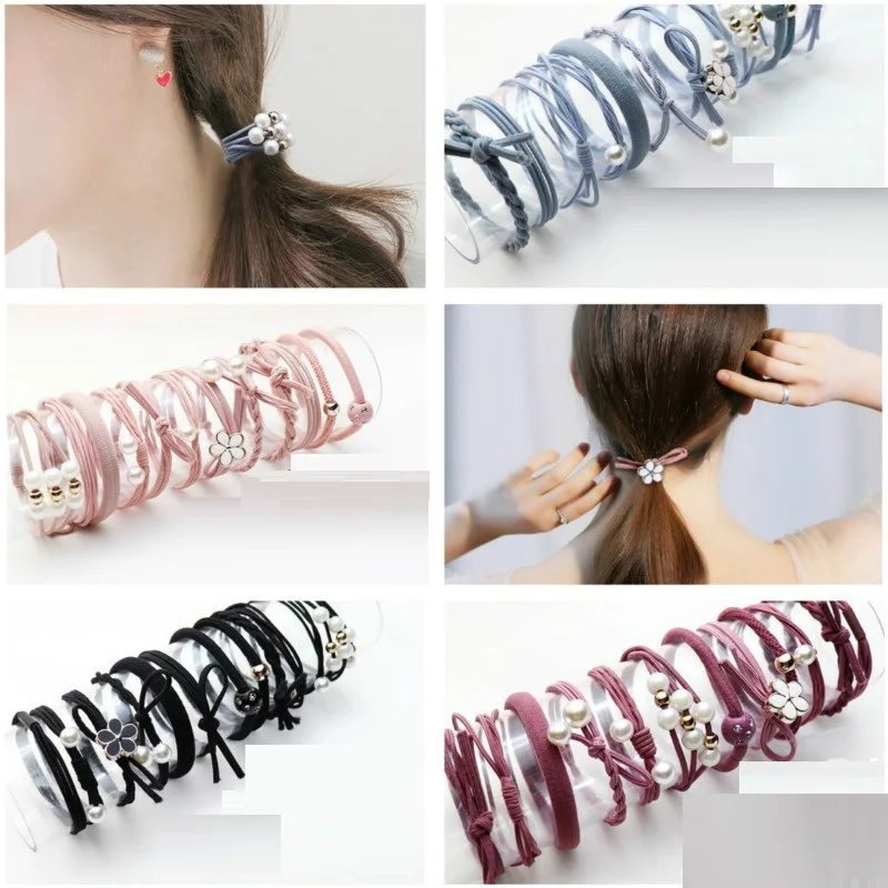 Women Korean Rubber Band Hair Tie 5/8 Pcs Flower Pearls Bow Elastic Hair Bands
